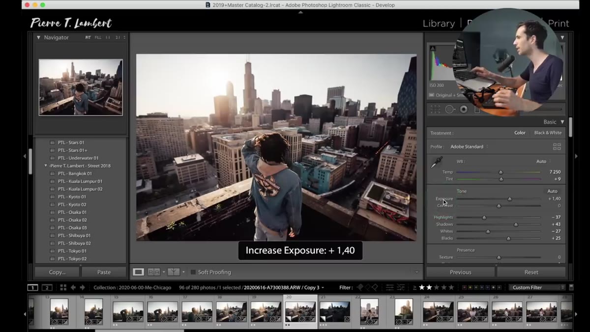 Exposure slider highlighted, keyboard shortcut active