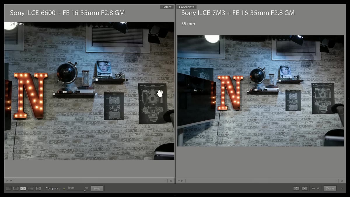 Zoomed edge comparison showing full-frame sharper than APS-C