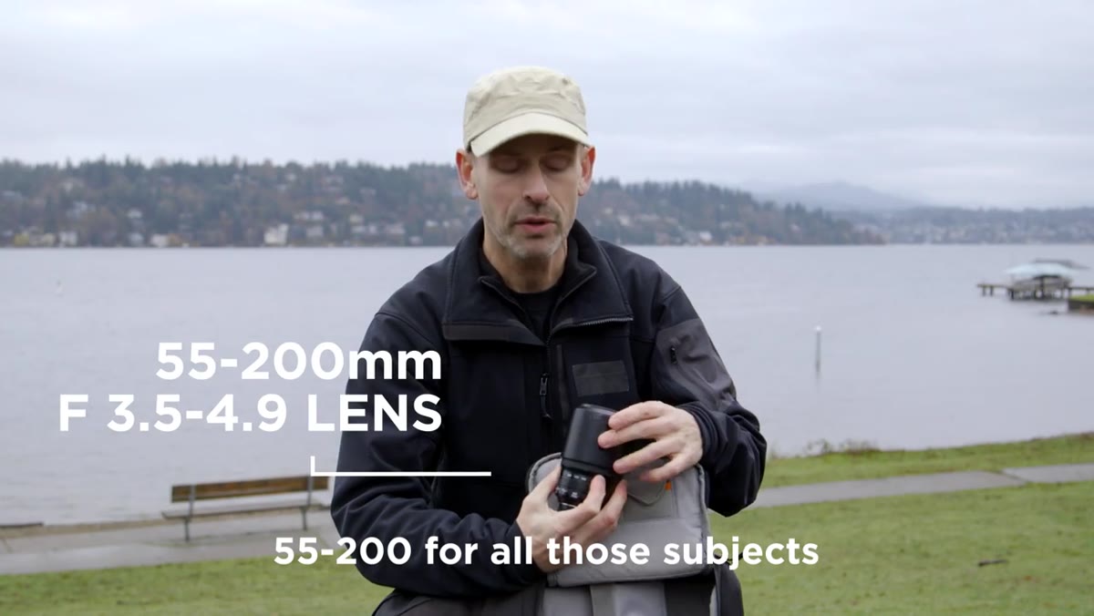 55-200mm lens shown in side bag pocket