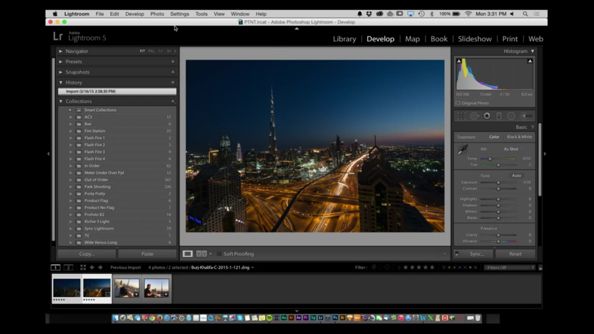 Lightroom with two images selected, Settings menu open