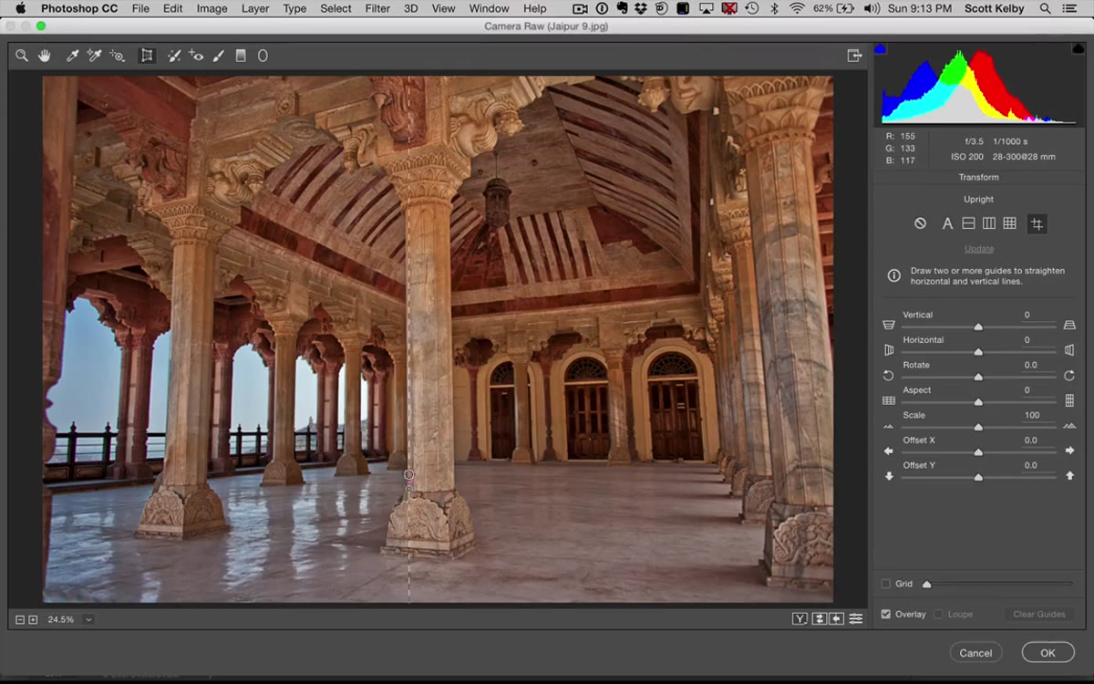 Guided Upright lines being drawn along crooked columns
