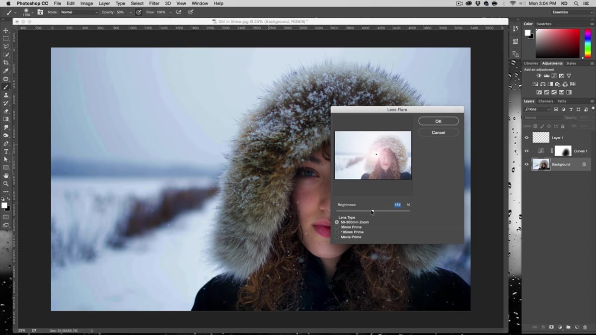 Lens Flare dialog box with crosshair positioned in image