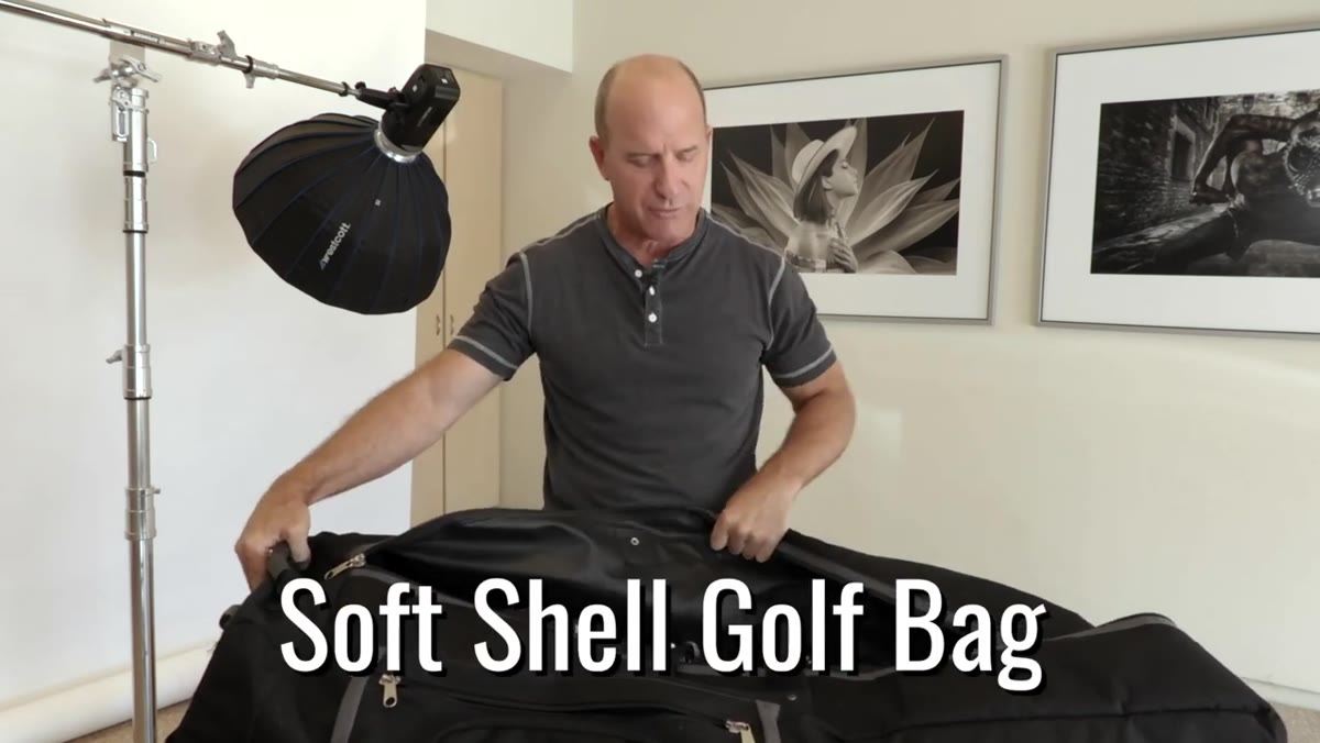 Soft-shell golf club bag shown as the main gear transport solution