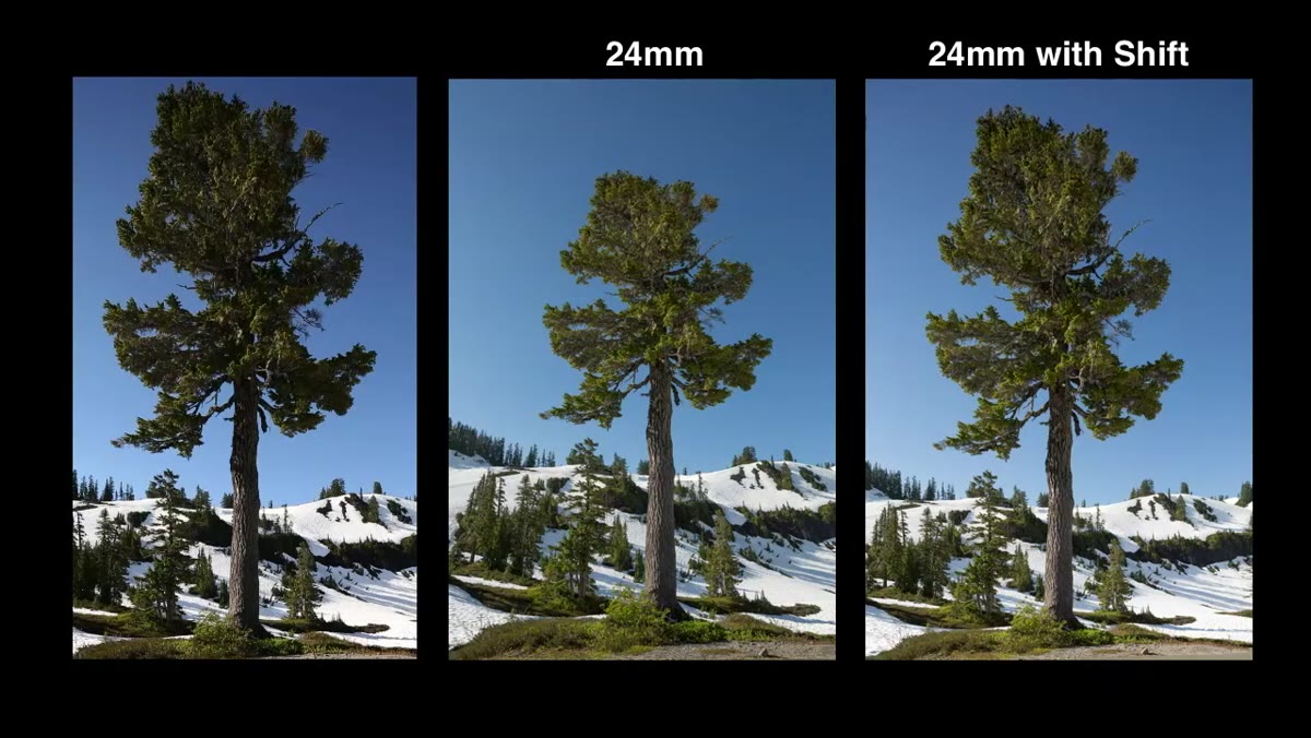 Comparison of in-camera shift result versus Photoshop perspective correction