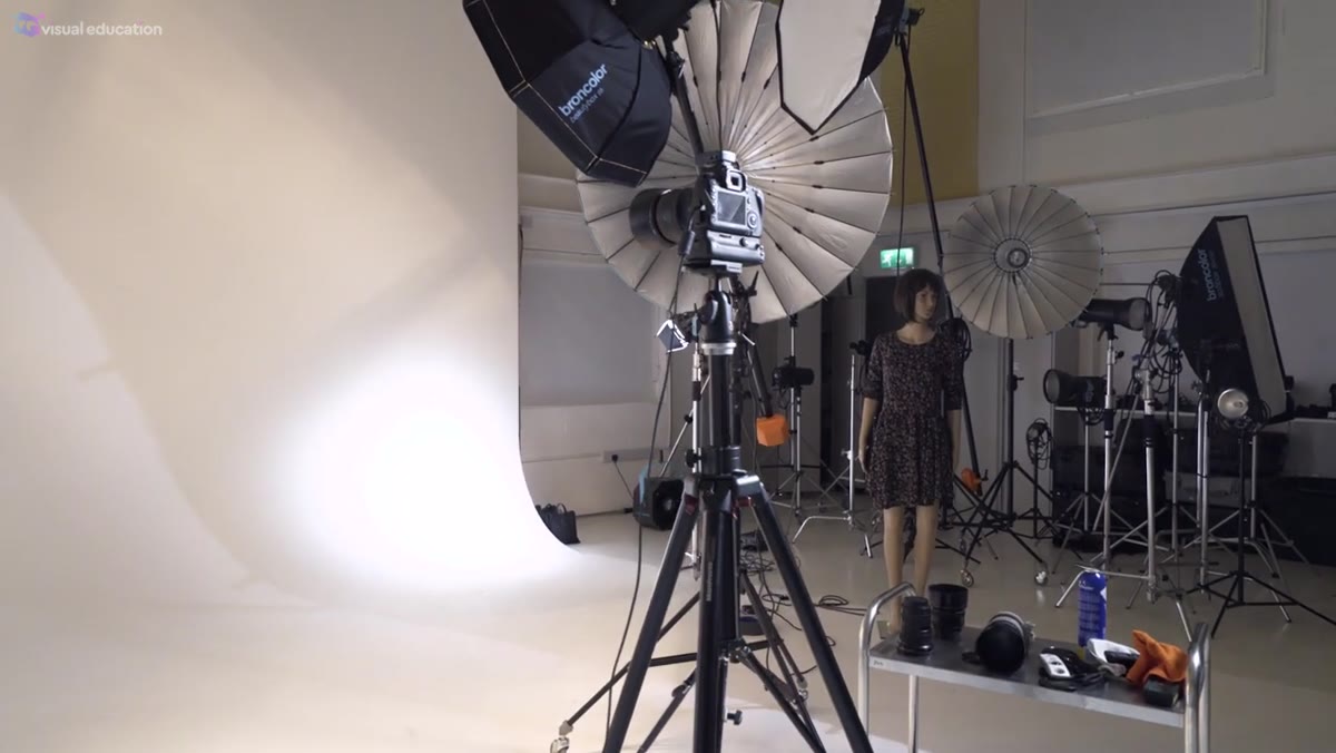 Subject marked on floor, camera repositioning for each lens