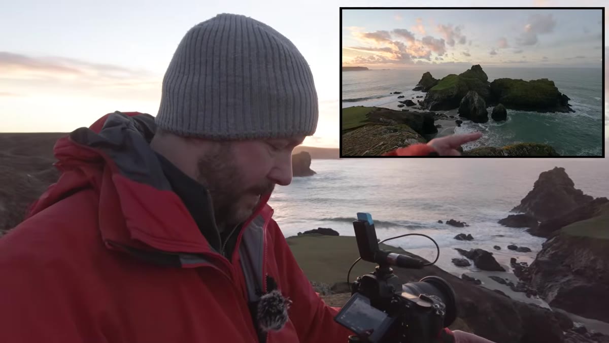 Danson adjusting shutter speed settings while waves move in background